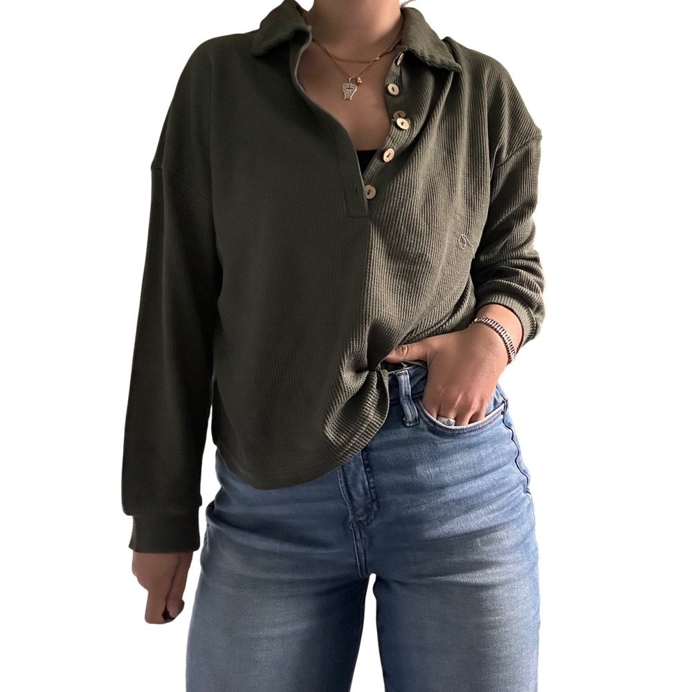 SHEIN Waffle Knit Collared Long Sleeve Button Up Top Olive Green Size Medium